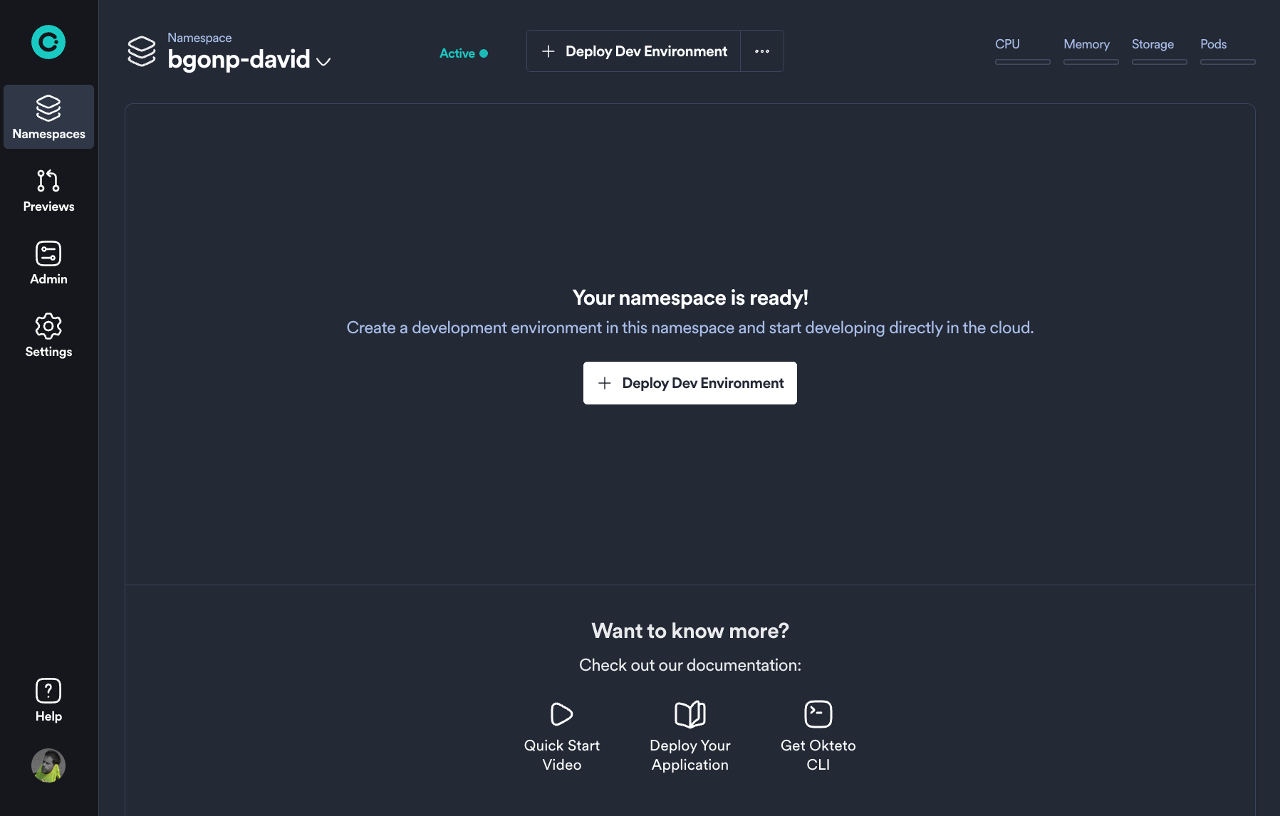 Okteto Namespace Landing Page