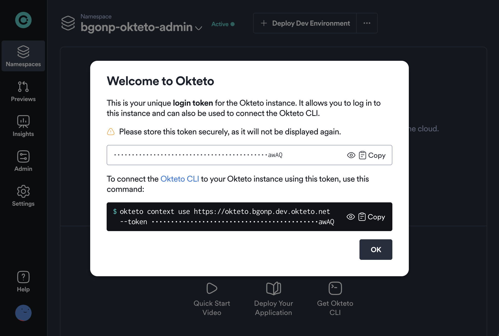 accepting an invitation and retrieving the Okteto token